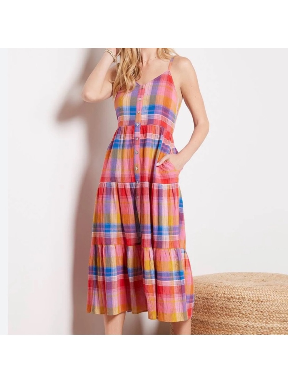 Evereve Sofia Plaid Tiered Midi Dress Medium